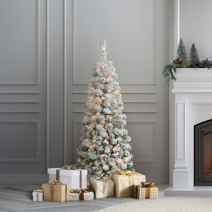 4.5 ft. Pre-Lit Acacia Pencil Slim Flocked Tree with Clear Lights