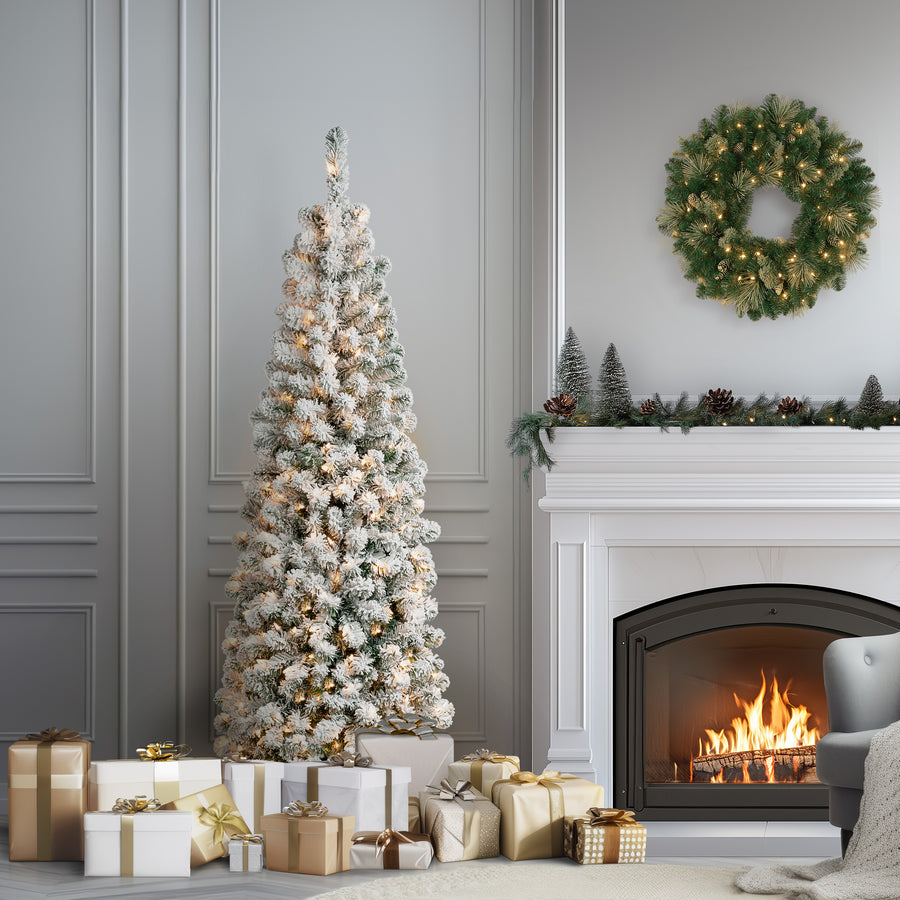 6 ft. Pre-Lit Acacia Pencil Slim Flocked Tree with Clear Lights