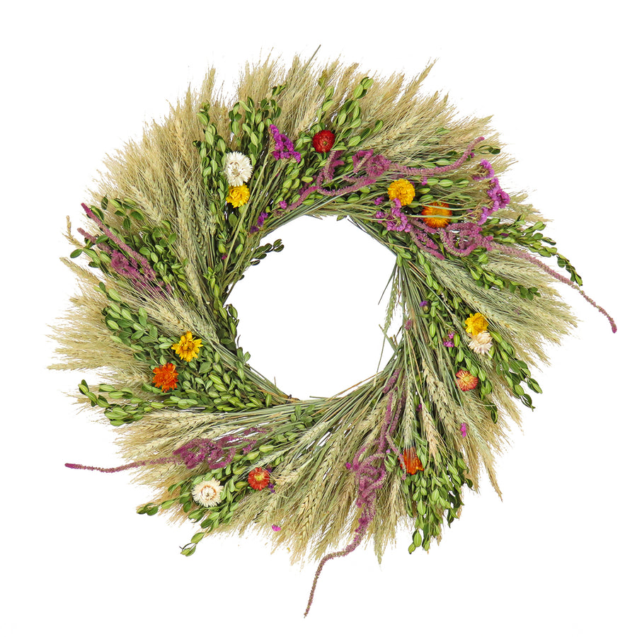 Artificial Spring Wreath, Metal Ring Base, Decorated with Flower Blooms, Seed Pods, Wheat Stalks, Spring Collection, 22 Inches - National Tree Company