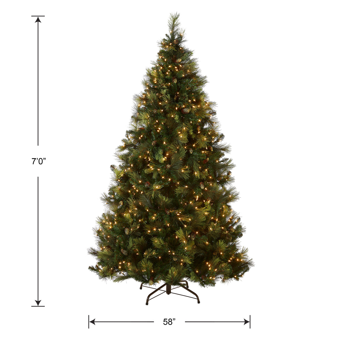 Pre-Lit 'Feel Real' Artificial Full Christmas Tree, Green, Carolina Pine, White Lights, Flocked with Pine Cones, Includes Stand, 7 Feet