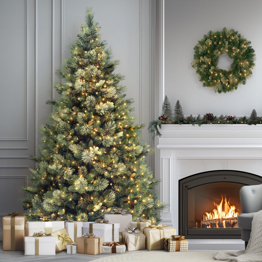 9ft. Pre-Lit Carolina Pine Tree with Clear Lights with 1200 Clear Lights