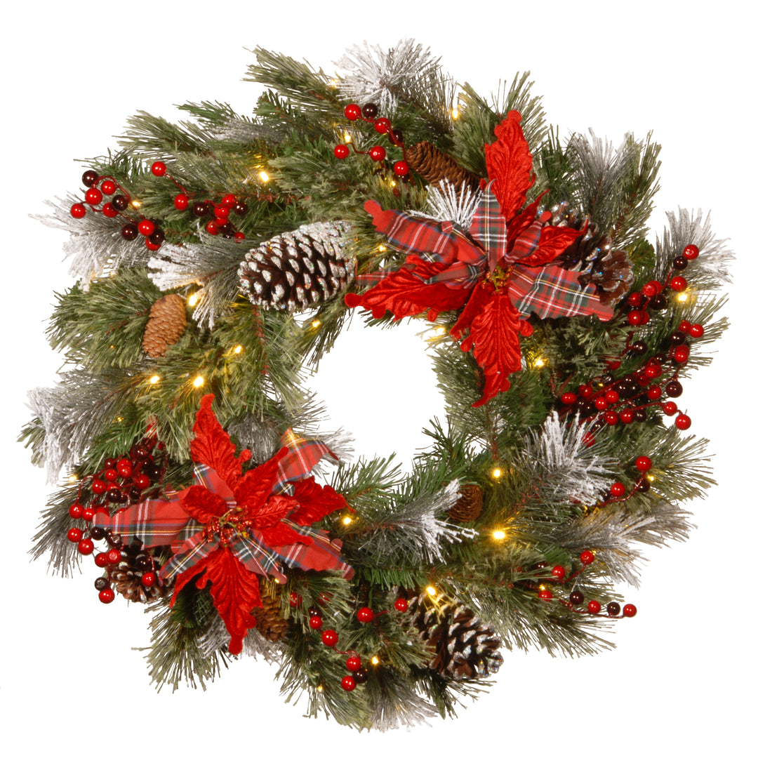 National Tree Company Pre-Lit Artificial Christmas Wreath, Green, Tartan Plaid, White Lights, Decorated with Frosted Branches, Pine Cones, Berry Clusters, Flowers, Christmas Collection, 24 Inches