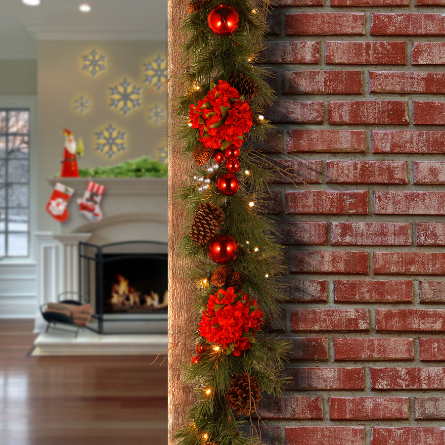 9 ft. Pre-Lit Hydrangea Pine Garland with Warm White LED Lights