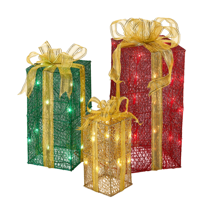 Pre-Lit Multicolor Gift Boxes, Set of Three, White Lights - National Tree Company