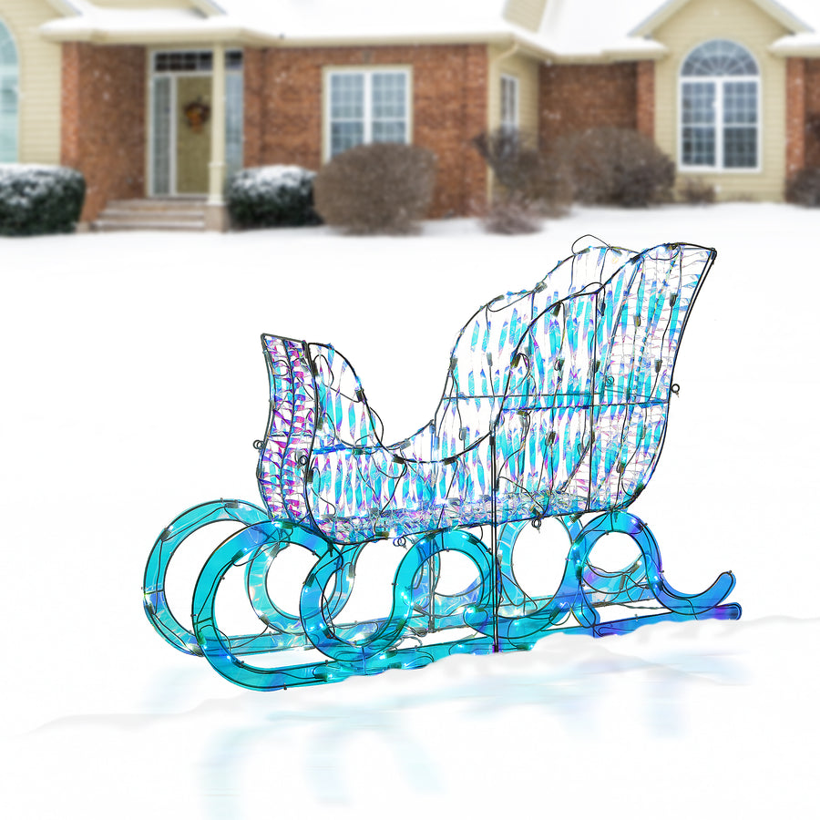 26 in. Pre Lit Iridescent Santa Sleigh Decoration, Strung with 105 Cool White LED Lights