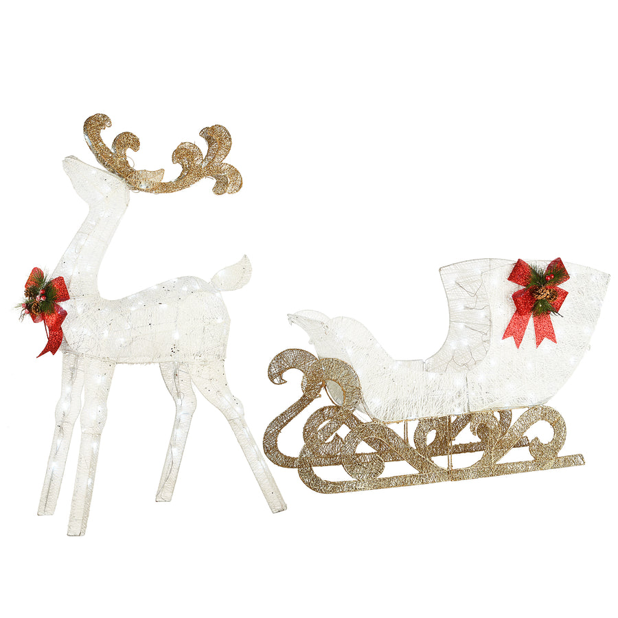 48 in. Pre Lit Sisal Reindeer and Sleigh Decoration with Cool White LED Lights - National Tree Company