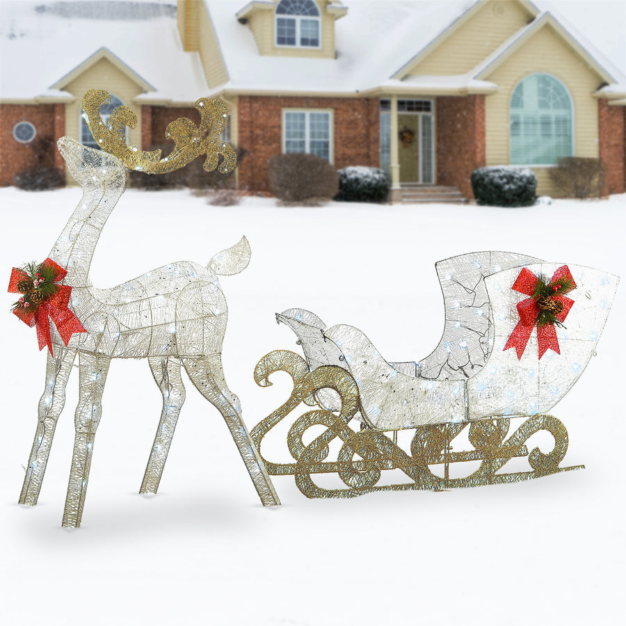 48 in. Pre Lit Sisal Reindeer and Sleigh Decoration with Cool White LED Lights