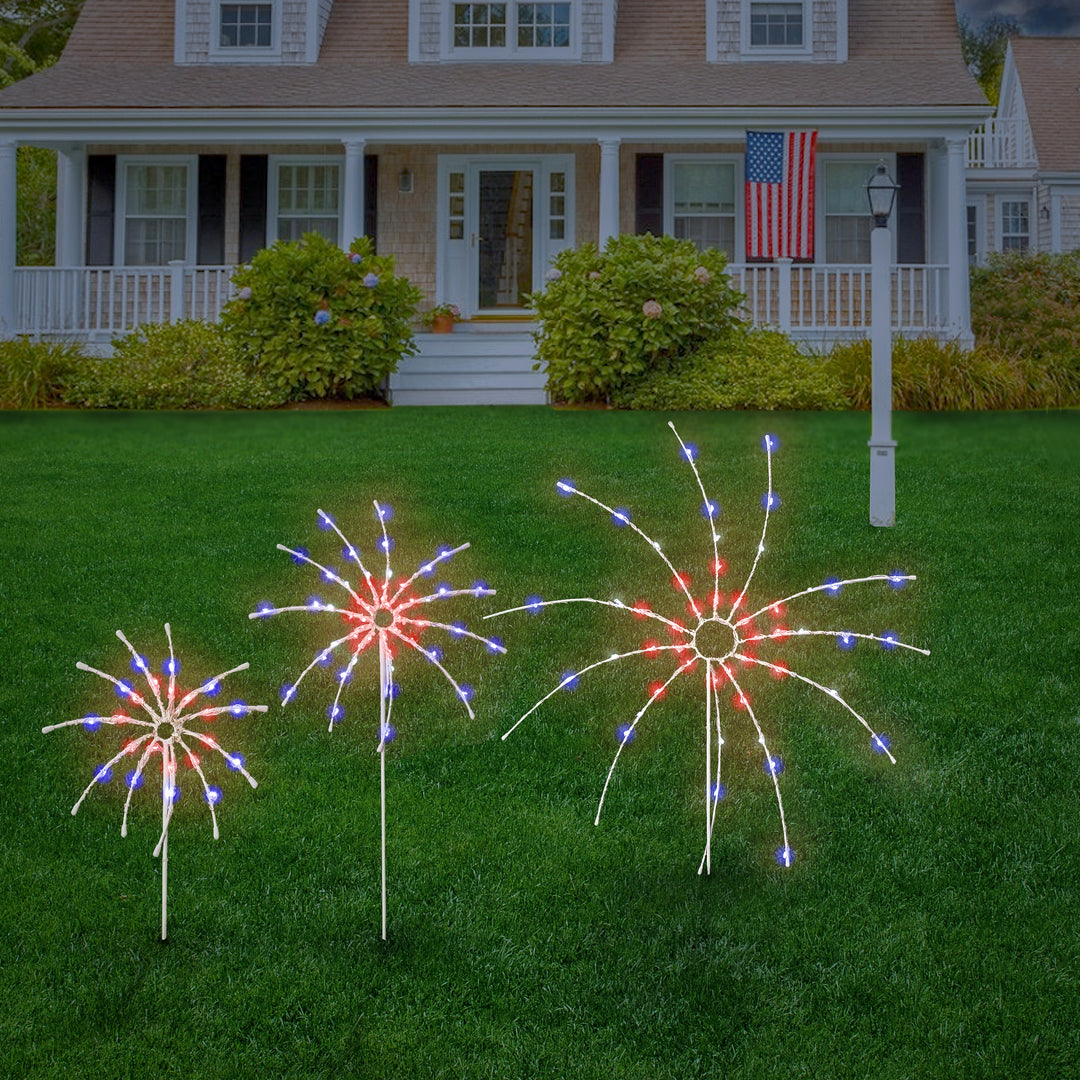 Patriotic Light Up Fireworks Lawn Decor, 3pc, 165 Multi Copper Wire LED Lights, UL