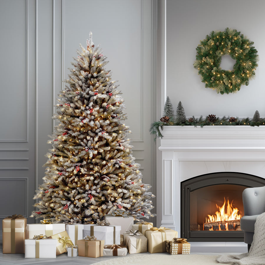 7.5 ft. Pre-Lit Dunhill Fir Flocked Tree with 750 Clear Lights