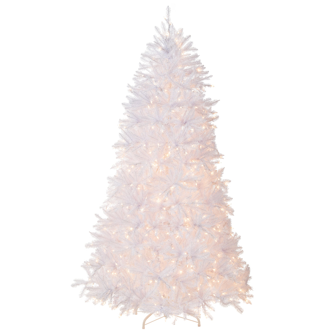 Pre-Lit Artificial Full Christmas Tree, White, Dunhill Fir, White Lights, Includes Stand, 7.5 Feet