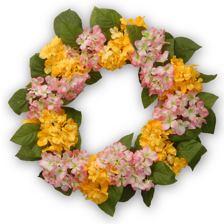 24 in. Spring Yellow and Pink Hydrangea Wreath - National Tree Company