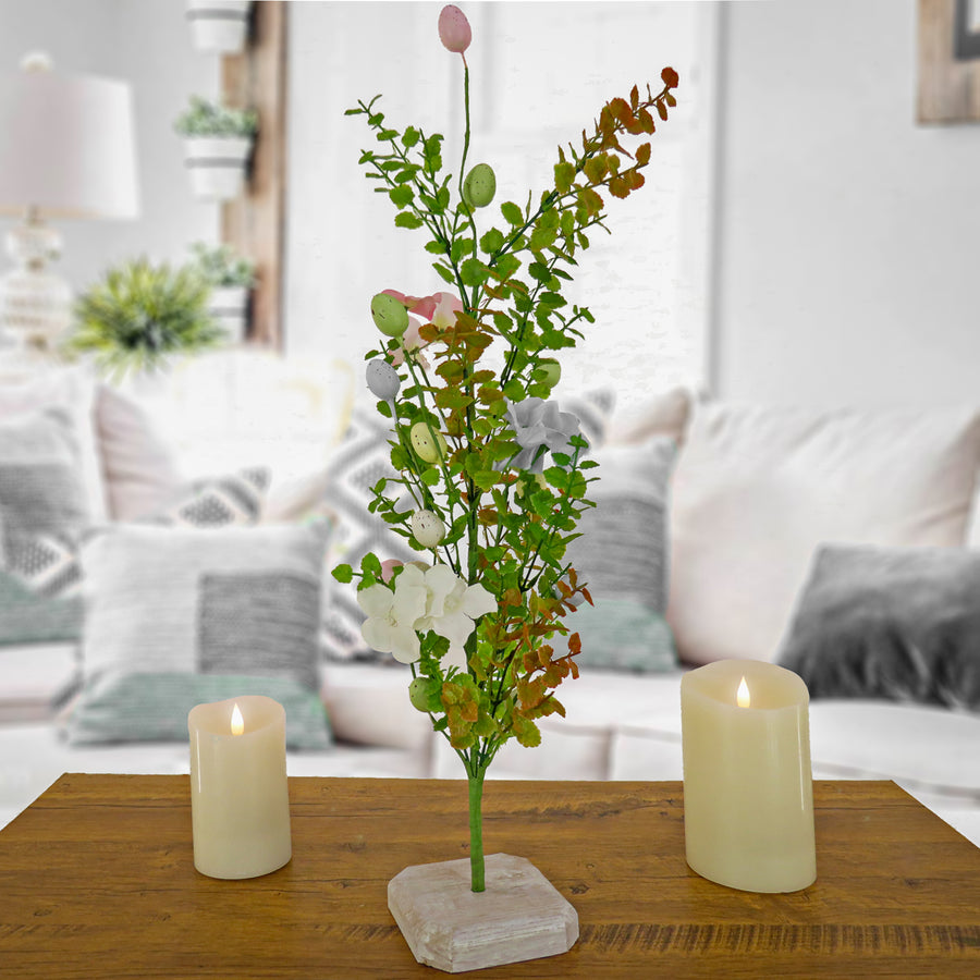 24 in. Easter Decorative Tree Decorated with Pastel Eggs and Flower Blooms, and Wooden Block Base
