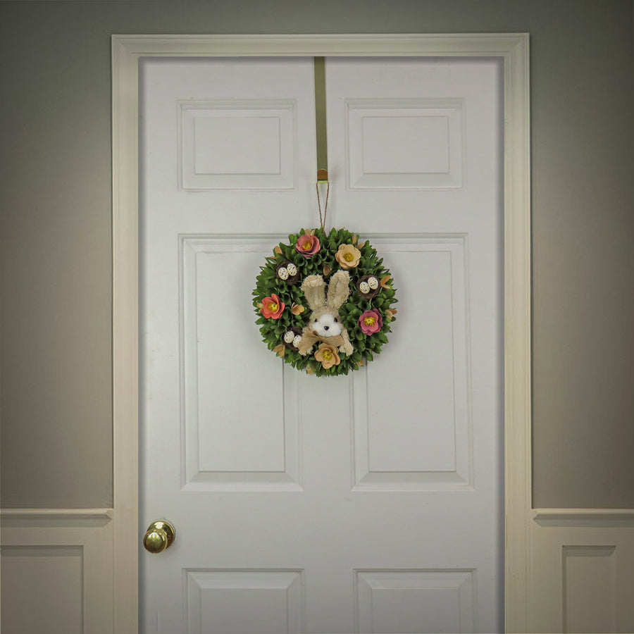 13 in. Easter Wreath Decorated with Colorful Flower Blooms, Bunny and Pastel Eggs