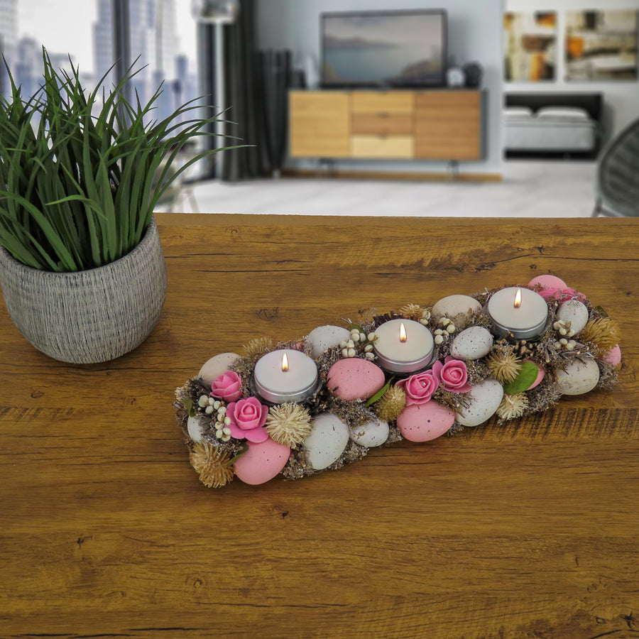16 in. Easter Candleholder Table Decoration Decorated with Pastel Eggs and Flower Blooms