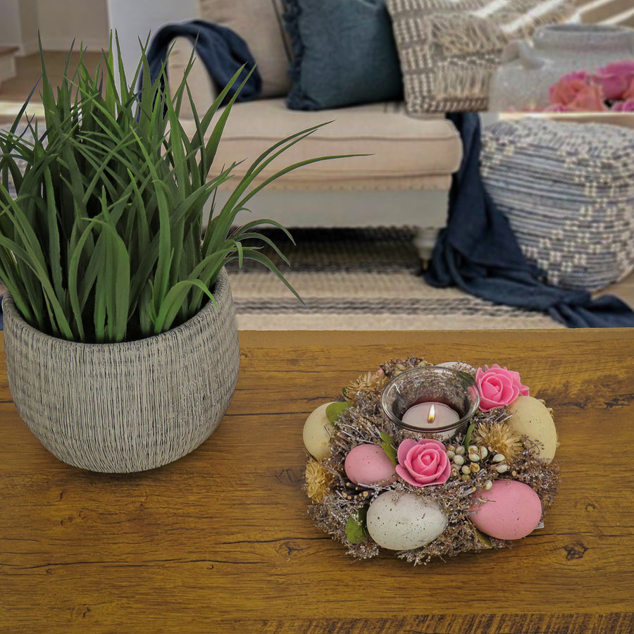 7 in. Easter Candleholder Table Decoration Decorated with Pastel Eggs and Flower Blooms