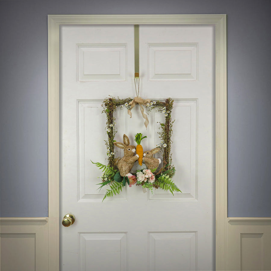 14 in. Easter Bunnies Hanging Wall Decoration Decorated with Two Bunnies, Carrots, Flower Blooms, Leafy Greens