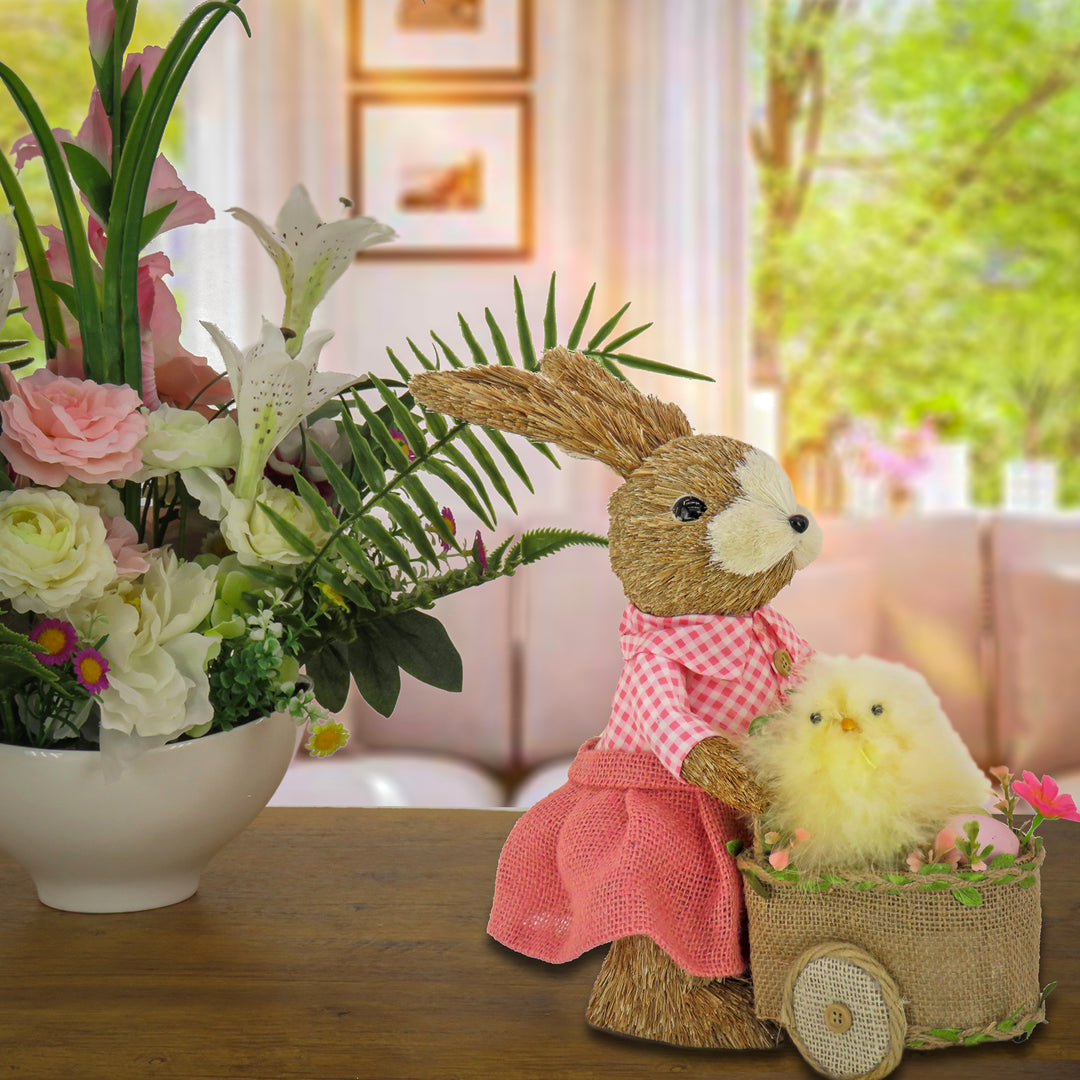 Female Bunny with Wagon Table Decoration, Decorated with Pastel Eggs, Chick, Easter Collection, 14 Inches