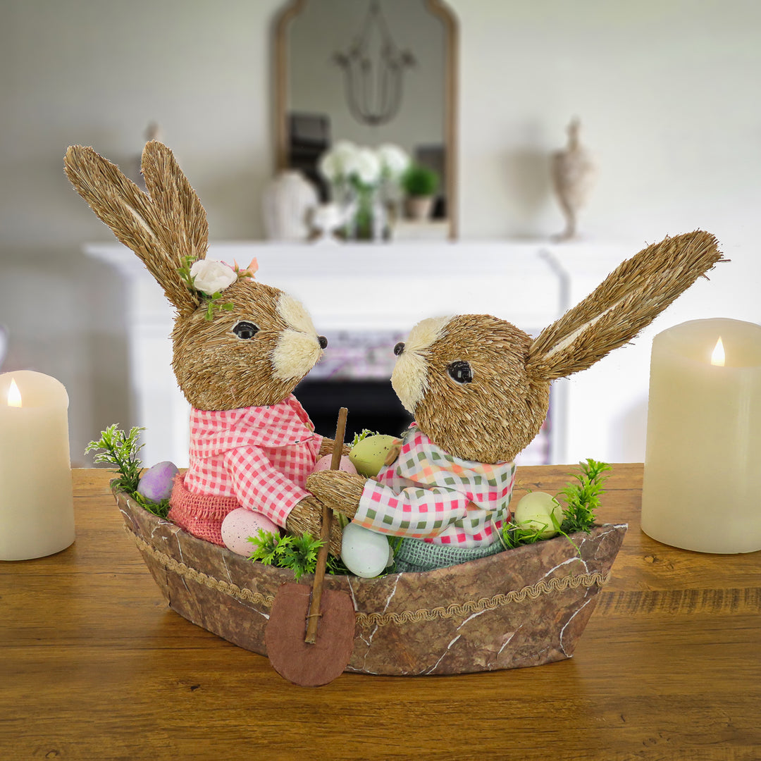 Two Bunnies in a Boat Table Decoration, Easter Collection, 15 Inches