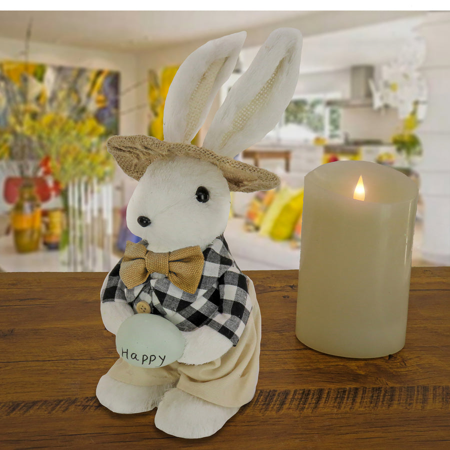 12 in. Fluffy Bowtie Male Easter Bunny Holding Easter Egg Table Decoration