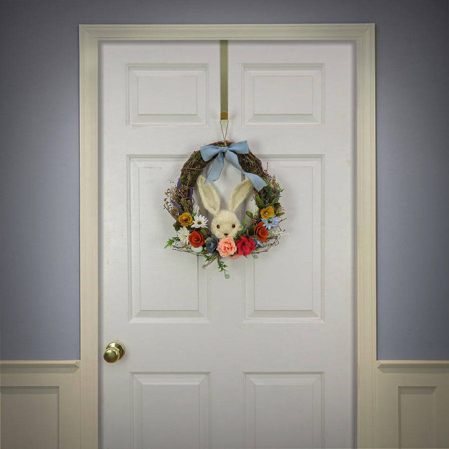 16 in. Easter Wreath Decorated with Multicolor Flower Blooms, Leafy Greens, Bunny Head
