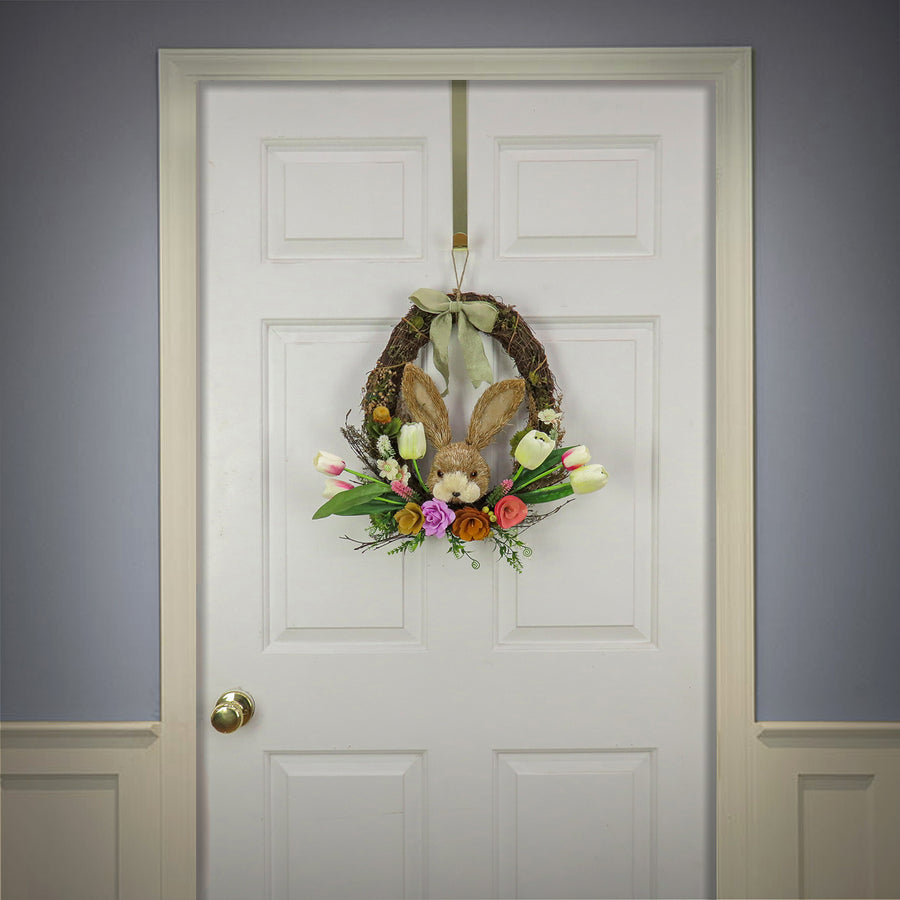 16 in. Easter Wreath Decorated with Multicolor Flower Blooms, Tulips, Leafy Greens, Bunny Head