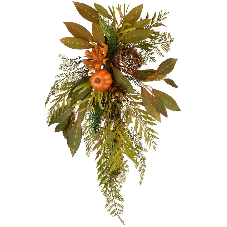 26 in. Wall Flower Swag Fall Decoration with Fern Fronds, Leaves, Pumpkins, Twig Cones - National Tree Company