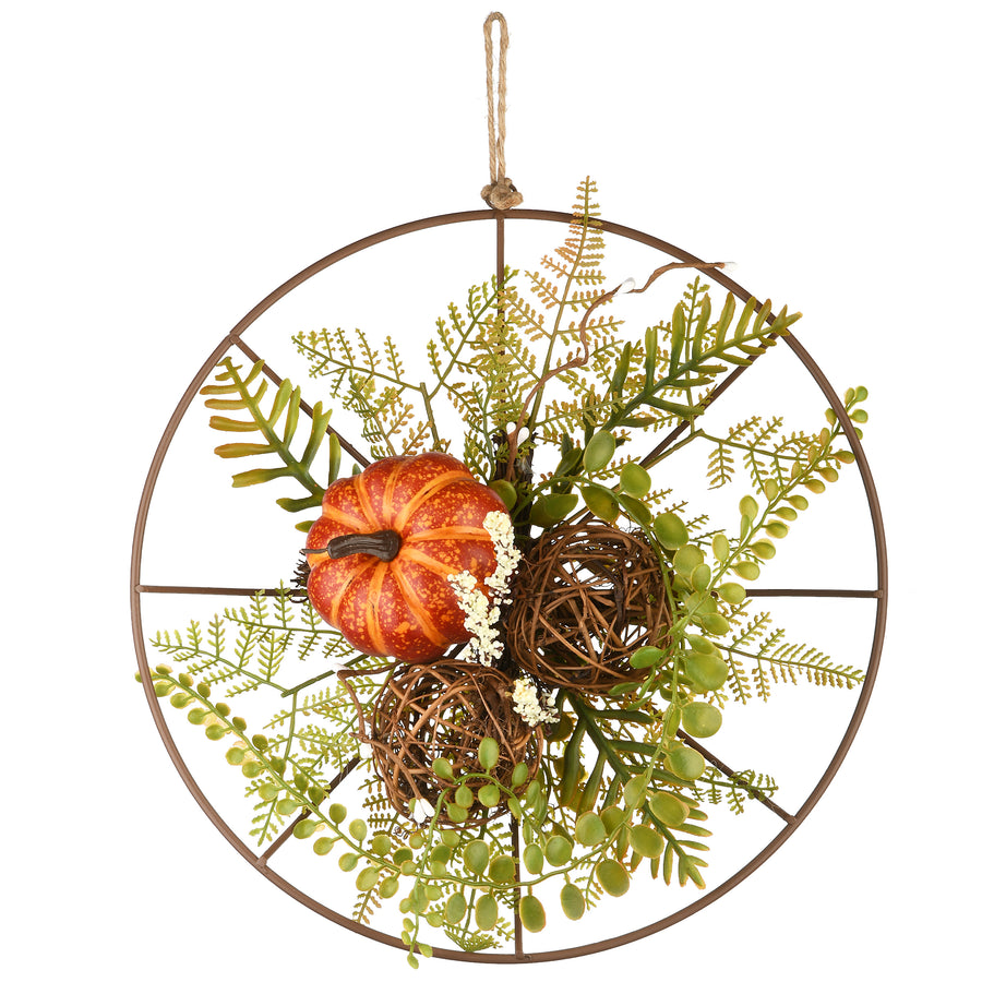 13 in. Flower Circle Hanging Fall Decoration with Fern Fronds, Leaves, Pumpkins, Twig Cones - National Tree Company