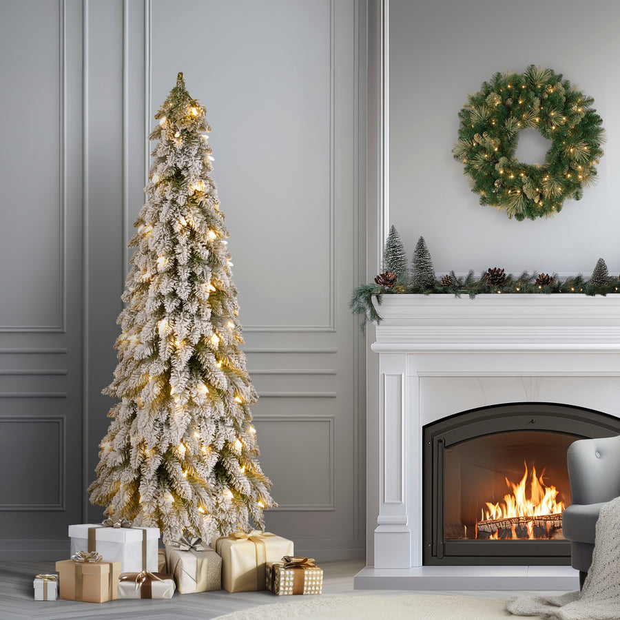 5 ft. Pre-Lit Snowy Downswept Forest Slim Tree with Clear Lights