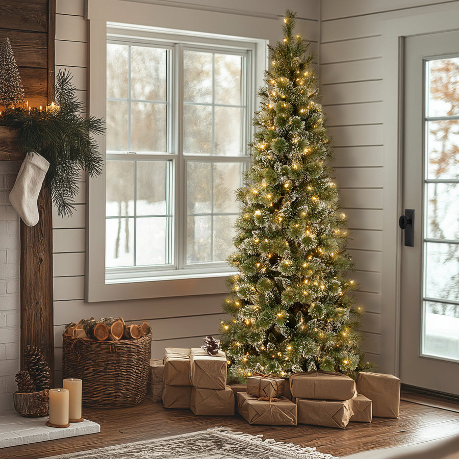 7.5 ft. Pre-Lit Glittery Bristle Slim Tree with LED Lights
