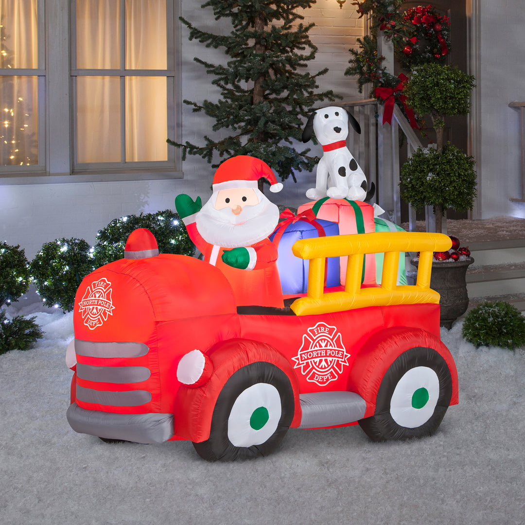 Inflatable Santa in Vintage Firetruck, LED Lights, Plug In, Christmas Collection, 6 Feet