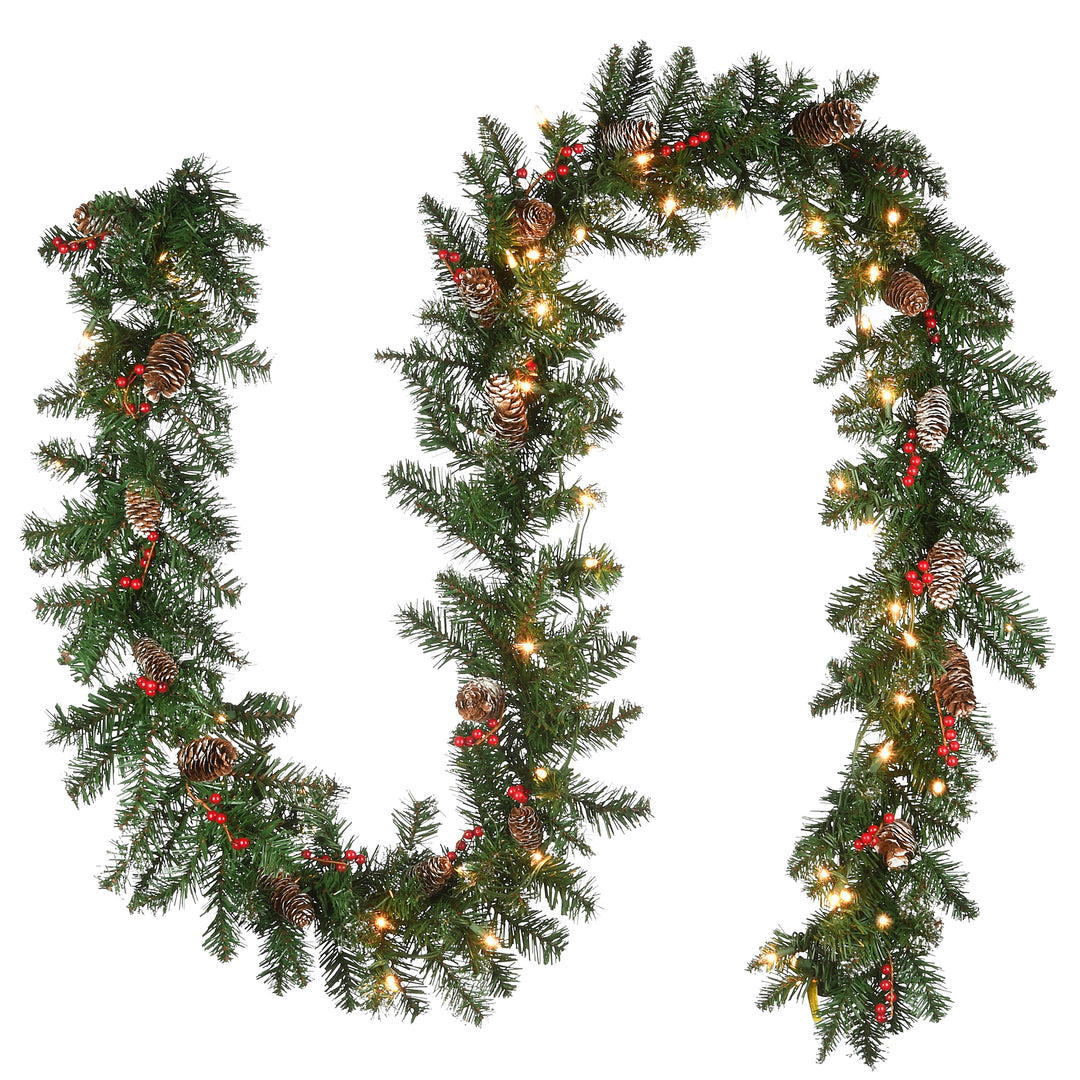 National Tree Company Pre-Lit Artificial Christmas Garland, Green, Glittery Mountain Spruce, White Lights, Decorated With Pine Cones, Berry Clusters, Frosted Branches, Plug In, Christmas Collection, 9 Feet