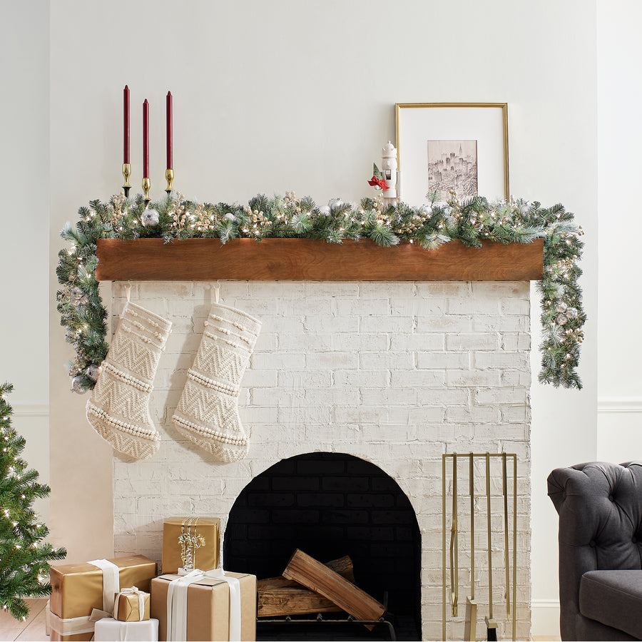 9 ft. Pre-Lit Glittery Pine Pomegranate Garland with Clear Lights