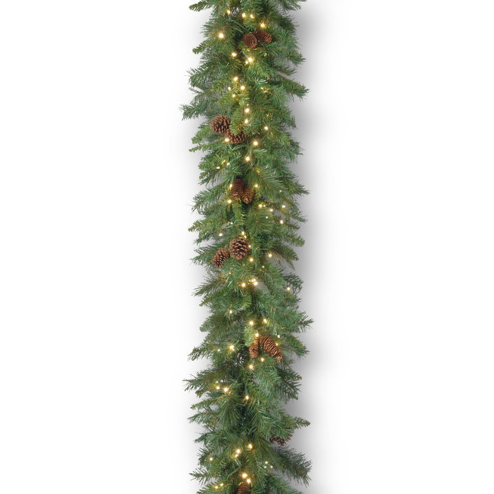 National Tree Company Pre-Lit Artificial Christmas Garland, Green, Garwood Spruce, White Lights, Decorated With Pine Cones, Plug In, Christmas Collection, 9 Feet