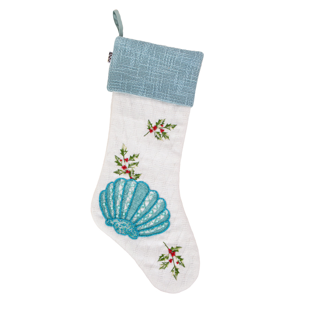 20" HGTV Home Collection Embroidered Blue Shell Stocking