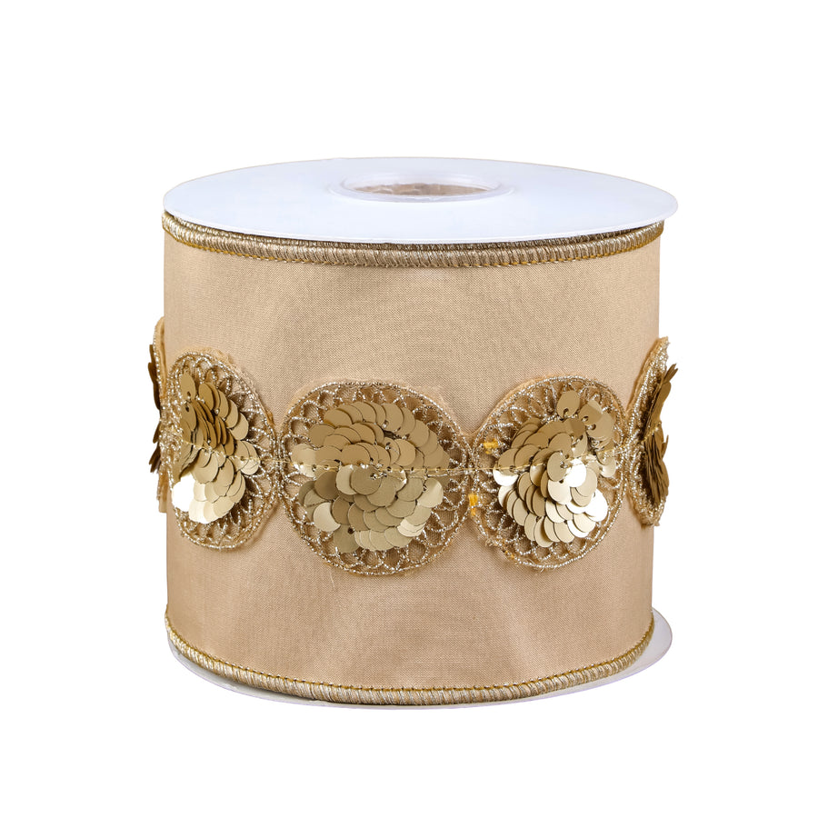 4 in. HGTV Home Collection Sequin Beaded Taffeta Ribbon, Beige - National Tree Company