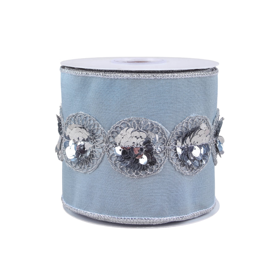 4 in. HGTV Home Collection Sequin Beaded Taffeta Ribbon, Blue - National Tree Company