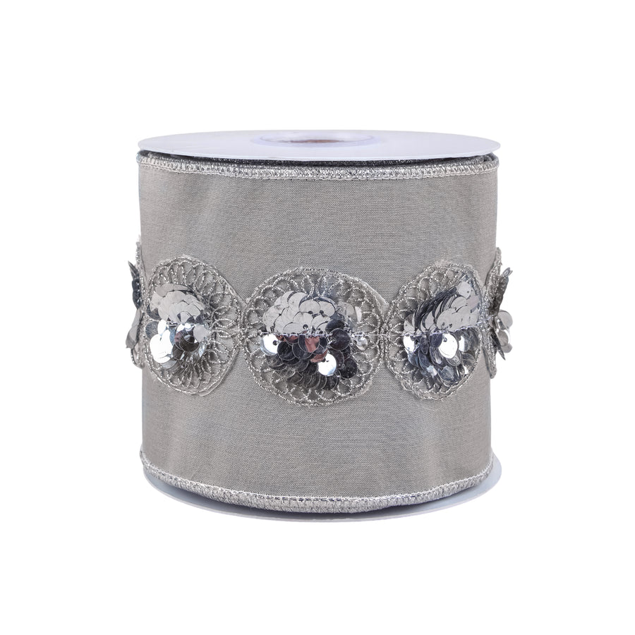 4 in. HGTV Home Collection Sequin Beaded Taffeta Ribbon, Gray - National Tree Company