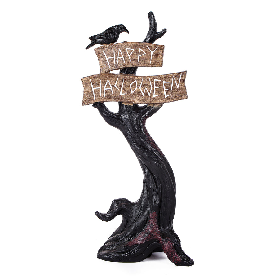 32 in. Crow Standing on Tree with Happy Halloween Sign Table Decoration - National Tree Company
