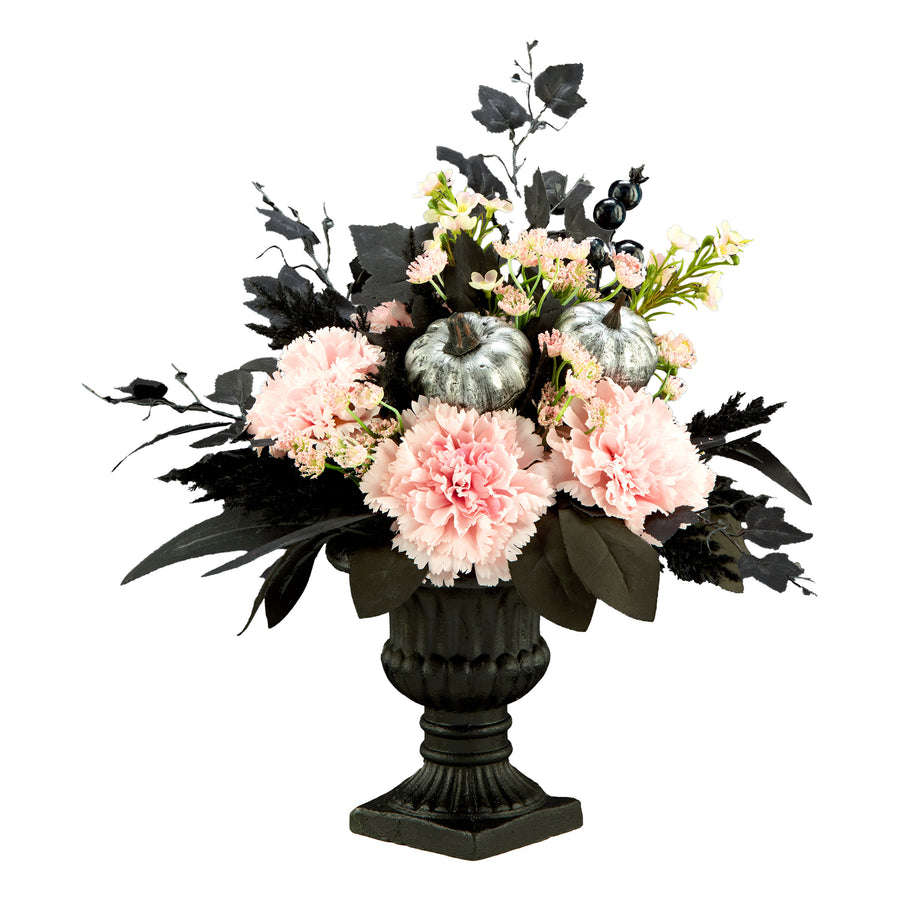 17 in. Halloween Pretty Morbid Pink Carnation Centerpiece with Black Pedestal Urn, Velvet Pumpkins - National Tree Company