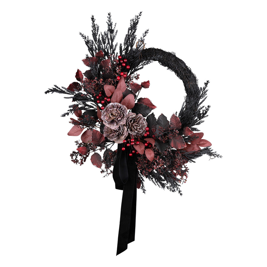 24 in. Halloween Red Widow Wreath with Black Ribbon - National Tree Company