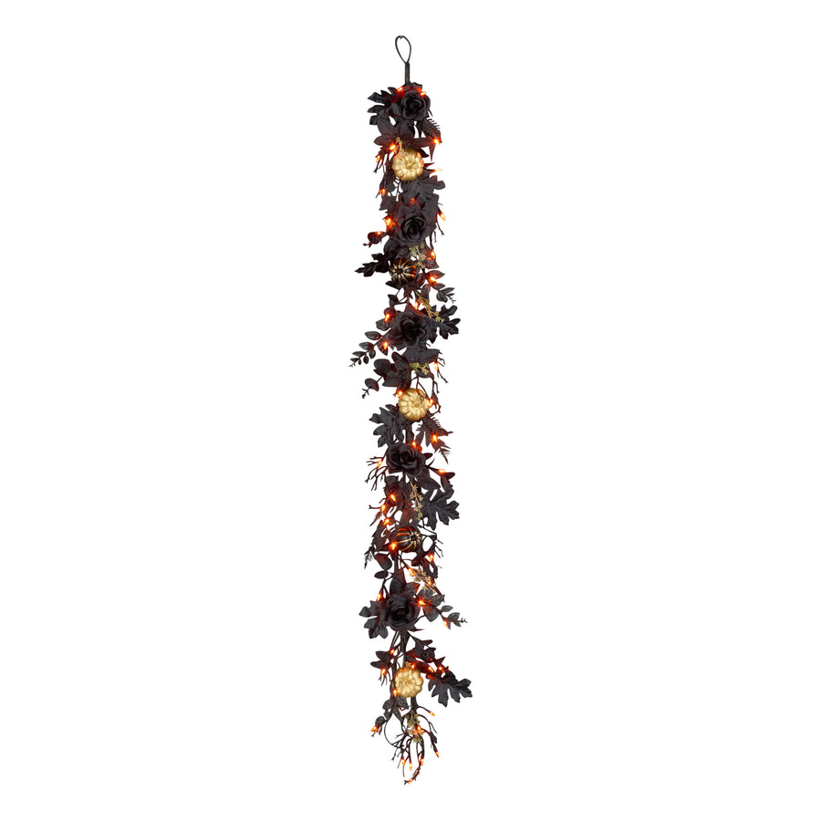 Halloween 6ft Artificial Chic Eek Black and Gold Garland, 50 Orange LED Lights, Battery Operated - National Tree Company