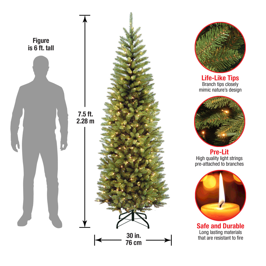 Artificial Pre-Lit Slim Christmas Tree, Green, Kingswood Fir, White Lights, Includes Stand, 7.5 Feet
