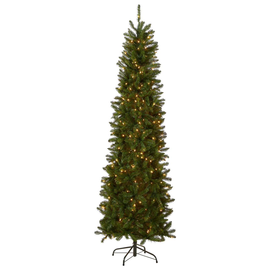Artificial Pre-Lit Slim Christmas Tree, Green, Kingswood Fir, White Lights, Includes Stand, 7.5 Feet