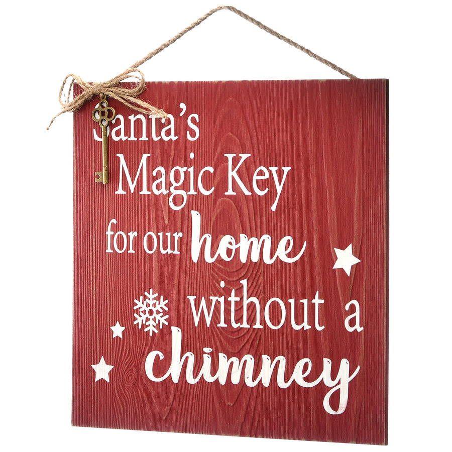10 in. Santa's Key Door Christmas Sign, Red with White Lettering and Decorative Ornate Key, Stars and Snowflakes - National Tree Company