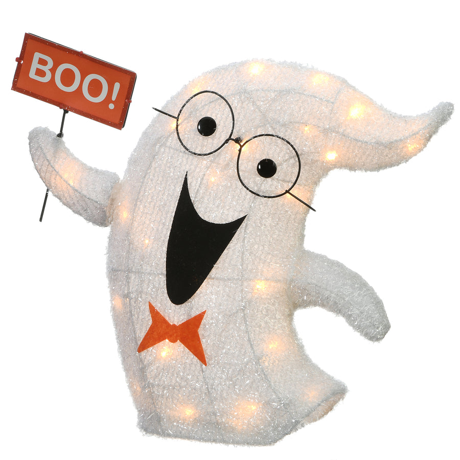 National Tree Company Pre-Lit White Ghost Holding BOO Sign Outdoor Decoration, LED Lights, Halloween Collection, 18 Inches - National Tree Company