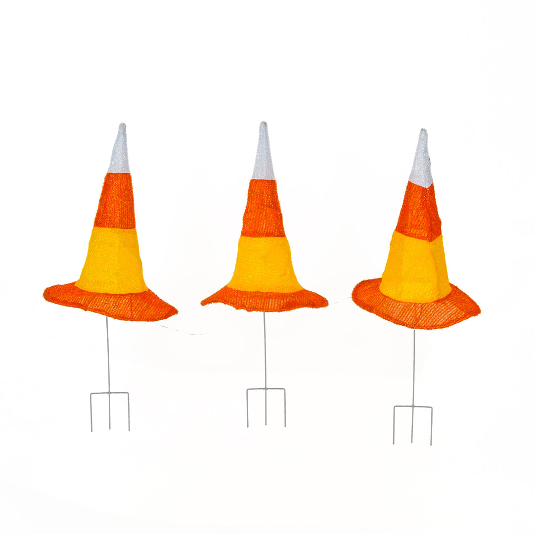 Halloween Garden Stake Lawn Decoration, Orange, Candy Corn Witches Hats, LED Lights, Battery Operated, 23 Inches