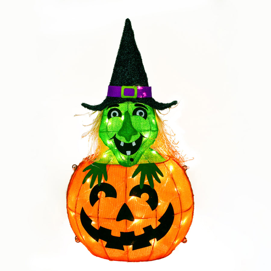 28 in. Halloween Pre-Lit Pumpkin and Witch Lighted Sign Decoration with LED Lights - National Tree Company