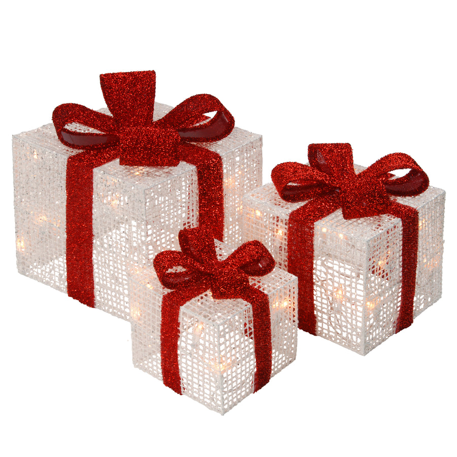 Pre-Lit White Gift Boxes, Set of Three, White Lights - National Tree Company