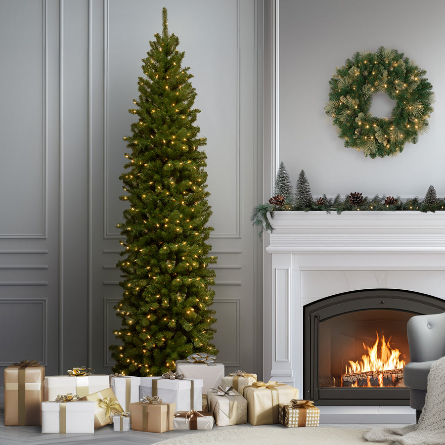 10 ft. Pre-Lit North Valley Spruce Pencil Slim Tree with Clear Lights