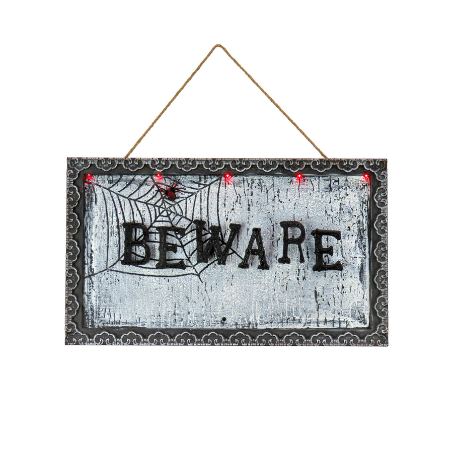 18 in. Halloween Pre-Lit Sound Activated Animated Hanging Door Sign with LED Lights - National Tree Company